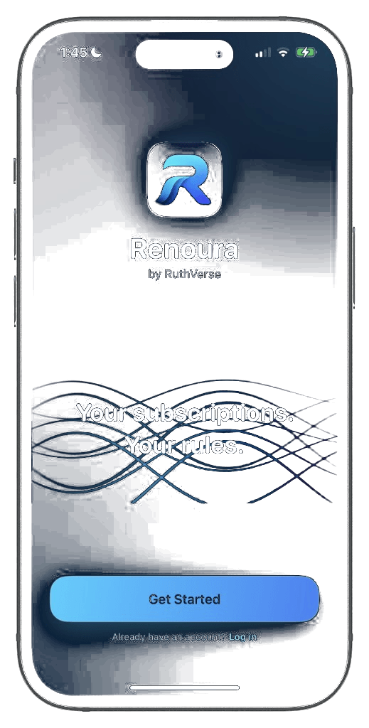 Renoura iPhone mockup showing subscription tracking and spending insights