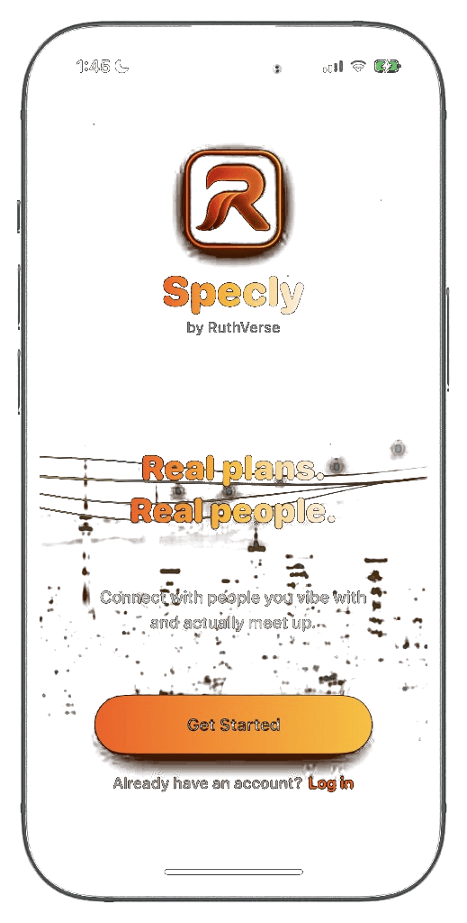 Specly iPhone mockup showing social plans and real-world meetups
