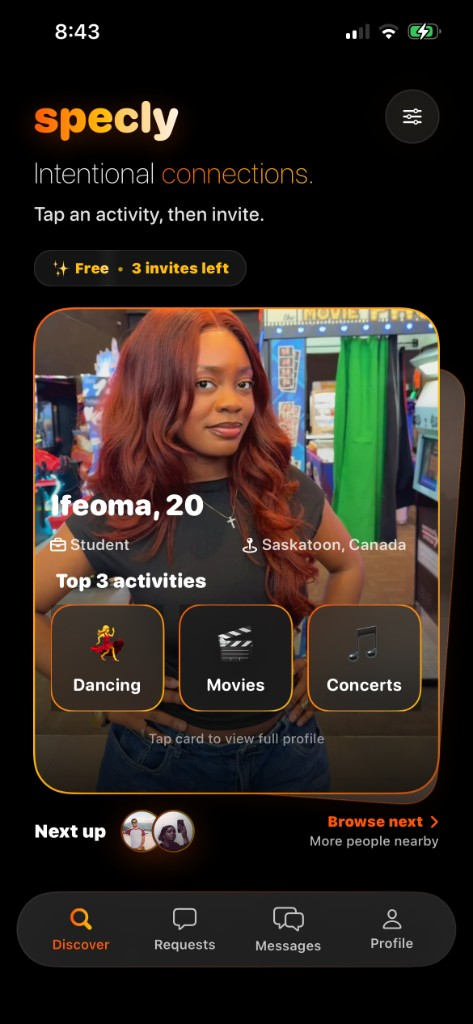 Specly Discover screen showing activity-based profiles and hangout invites